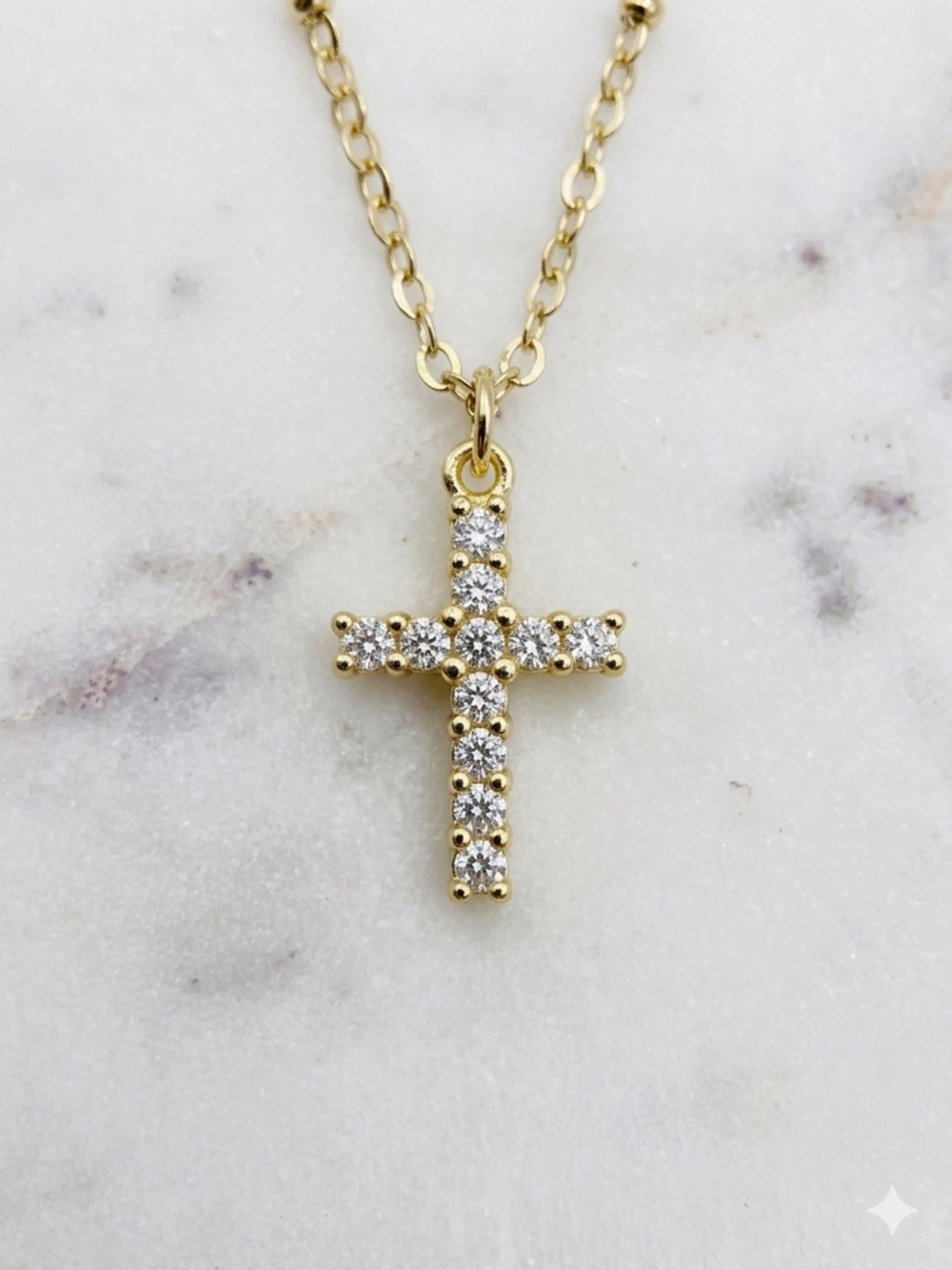 Gold Cross Pendant Necklace with Clear Stones